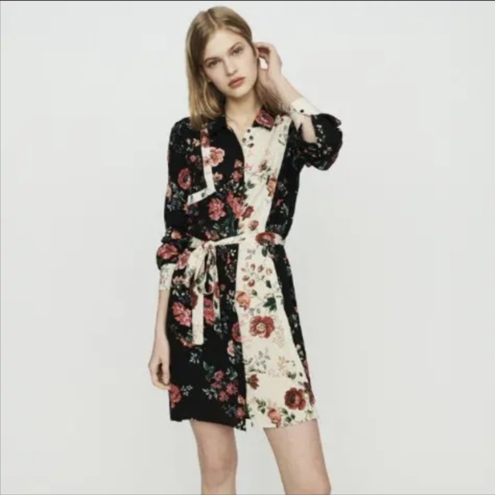 Maje Black and Cream Floral Patchwork Shirt Dress